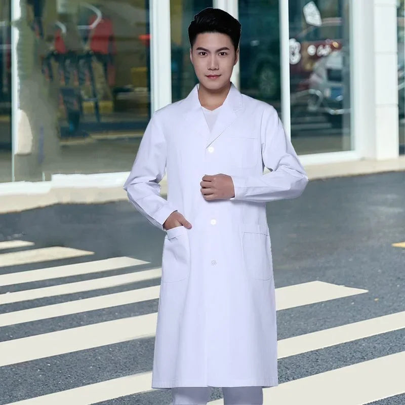 Bata de laboratorio de manga corta para hombre, vestido de médico y enfermera, uniformes médicos de manga larga, chaqueta blanca con cinturón ajustable