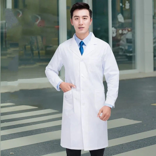 Bata de laboratorio de manga corta para hombre, vestido de médico y enfermera, uniformes médicos de manga larga, chaqueta blanca con cinturón ajustable